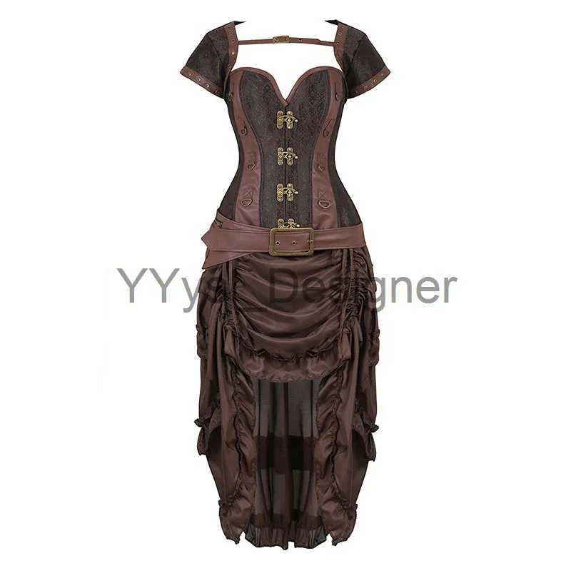 Brown Faux Leather Steampunk Long Corset Dress For Women Plus Size
