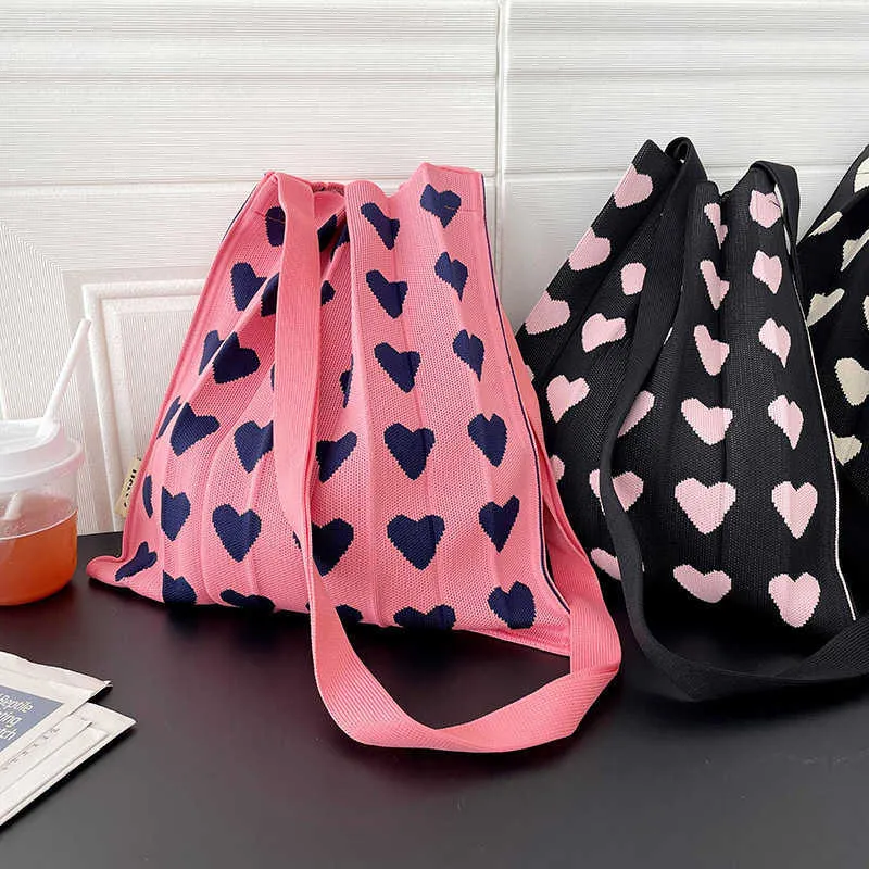 Sacs à bandoulière en laine japonaise et coréenne rose Love, sac en tricot plissé plissé, sac de Shopping pour femmes