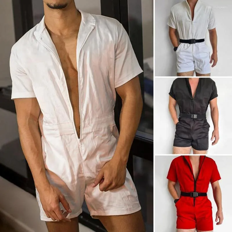 Men's Pants Men Romper Turndown Collar Jumpsuit Slim Short Sleeve