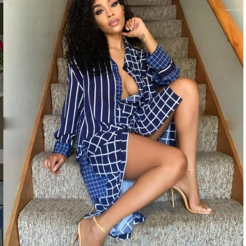 Women's Suits Dark Blue Sexy Plaid Blazer Dress 2023 Office Women Single Breasted Mid Length Deep V Neck Formal Clothing Elegant Party