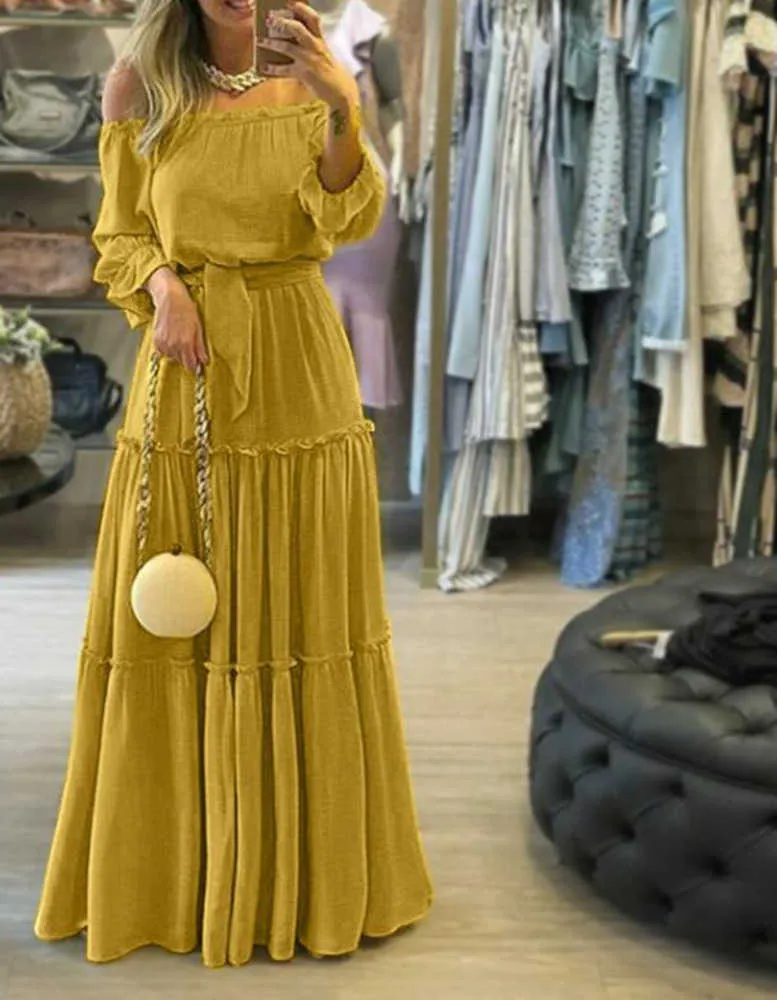 Vestido casual con hombros descubiertos para mujer Vestidos Mujer con cordones Vestidos con cinturón Vacaciones en la playa Túnica con volantes Vestido largo bohemio para mujer 5XL