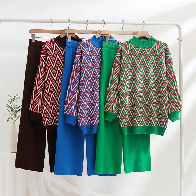 Pantalon deux pièces pour femmes, manches longues, motif géométrique, surdimensionné, tricot solide, pull de bureau, ensembles amples