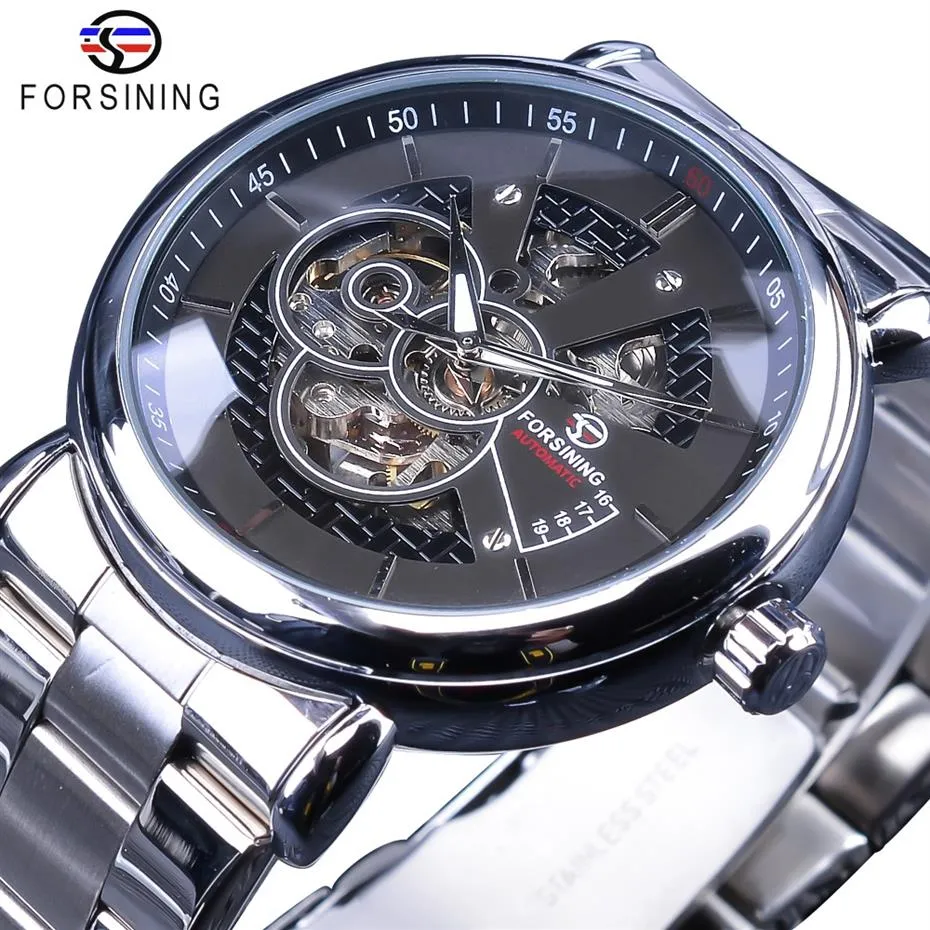 Forining Steampunk Black Silver Mechanische horloges voor mannen zilveren roestvrijstalen lichte handen Design Sport Clock Male254l
