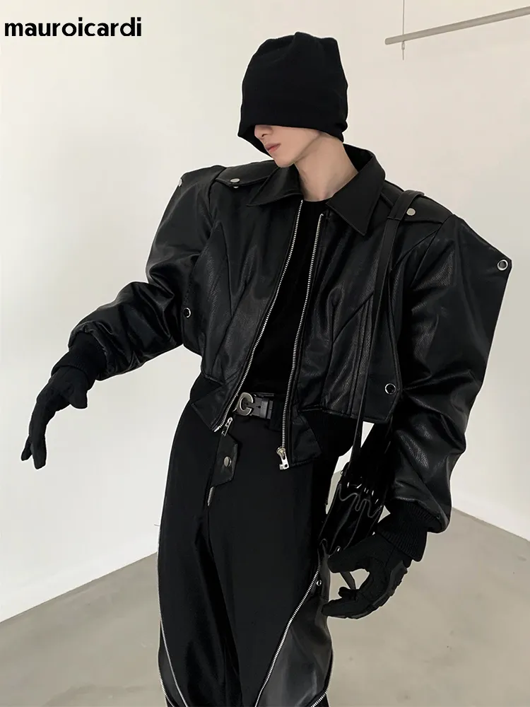 Men's Trench Coats Mauroicardi Spring Autumn Cool Handsome Short Oversized Black Pu Leather Jacket Men with Shoulder Pads Long Sleeve Zipper 230822