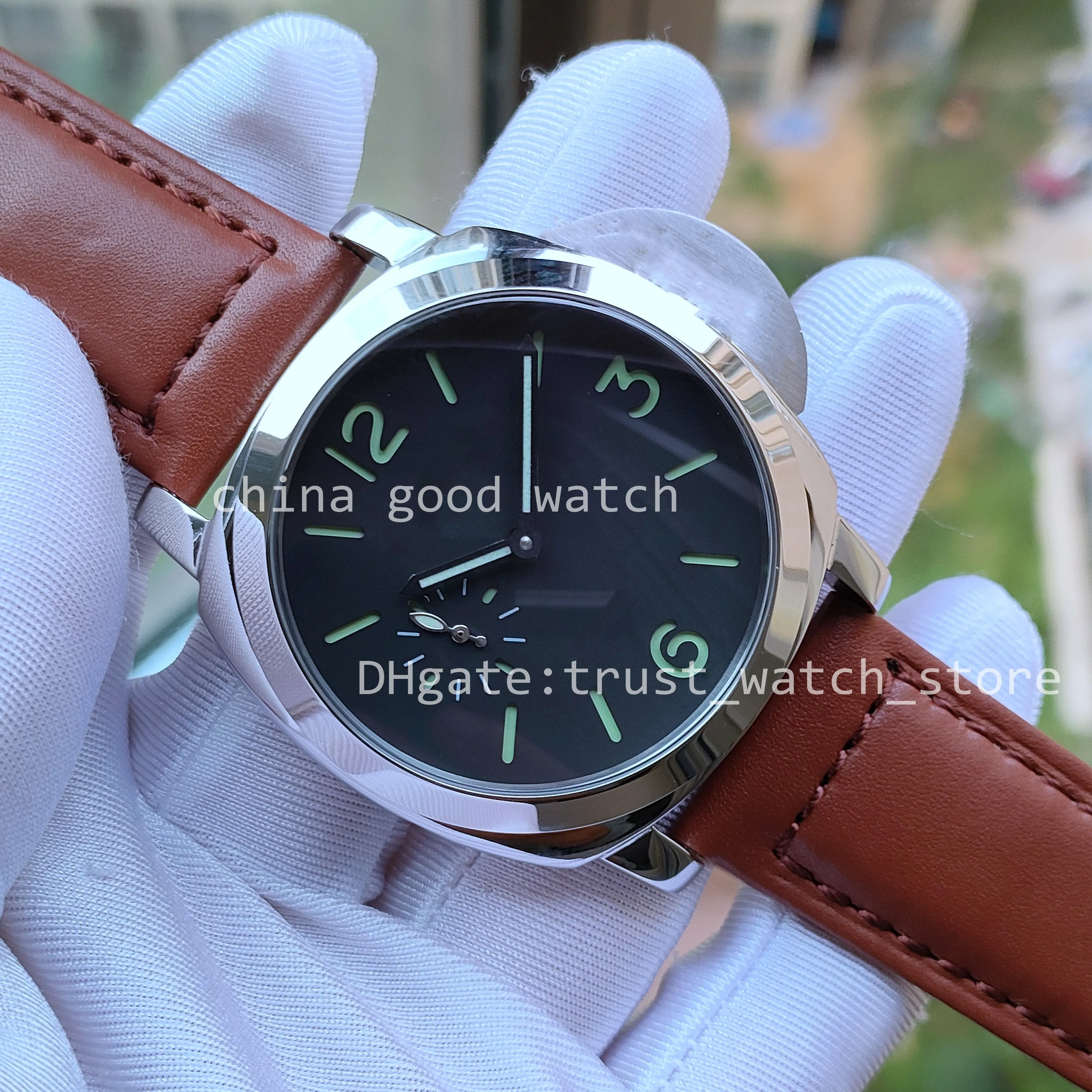 Me 1950 Classic 44mm Black Face Automatic Watch With Brown Strap Hanger And Luminous Hands
