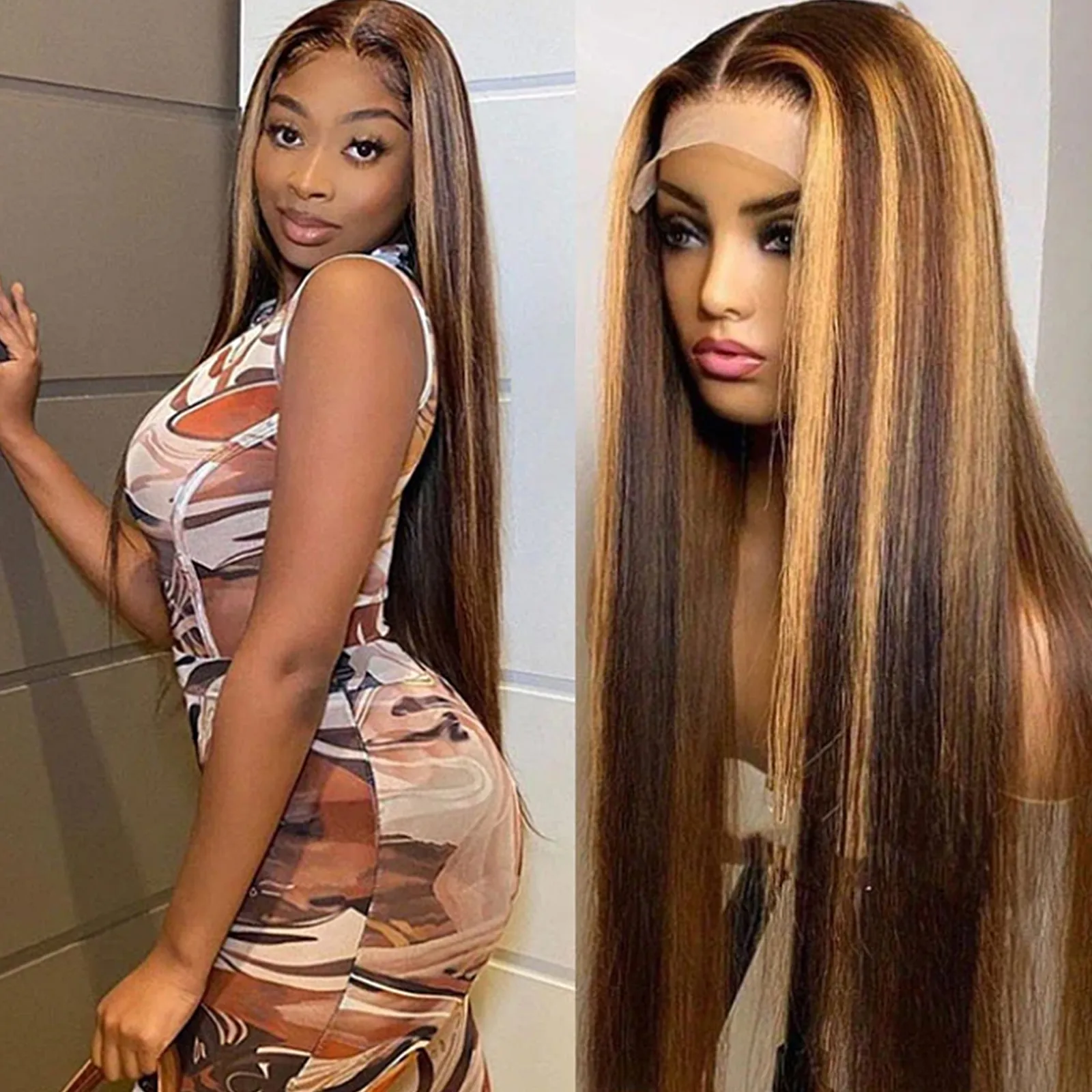 38inch Honey Blonde Lace Front Human Hair Straight Wigs 13x4 Transparent Lace Frontal #4/27 Highlight Colored Missanna Hair