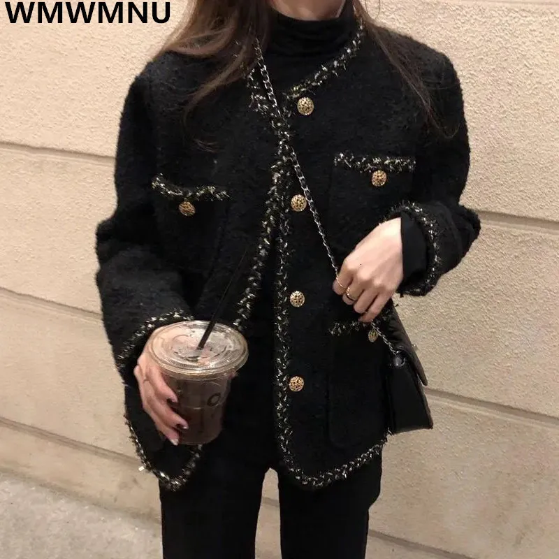 Womens Jackets Vintage Woolen Tweed Black Jackets Fall Womens Wool Blend Short Coat Korean Fashion Casual Jaquetas Chic Loose Office Chaquetas 230822