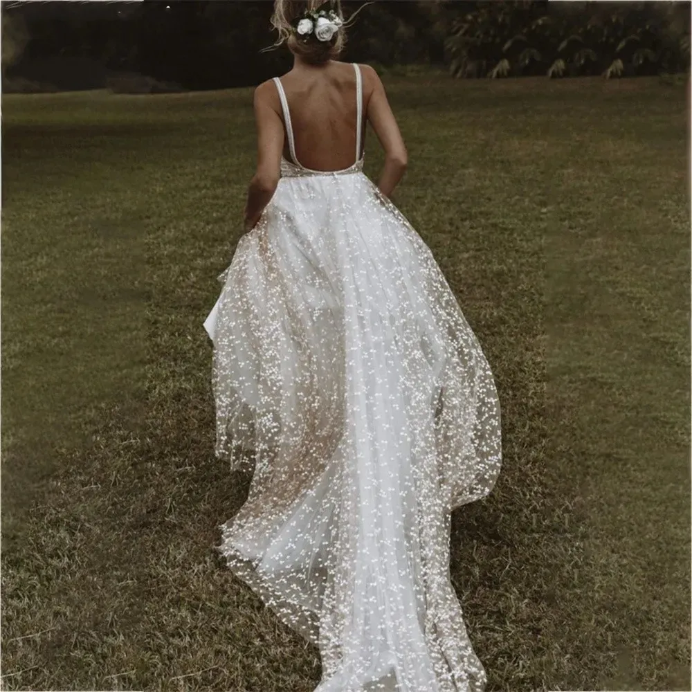 Sexy A Line Wedding Dress 2023 V Neck Spaghetti Straps Bride Lace Bridal Party Gown Backless Boho Robe Mariee Vestidos De Novia