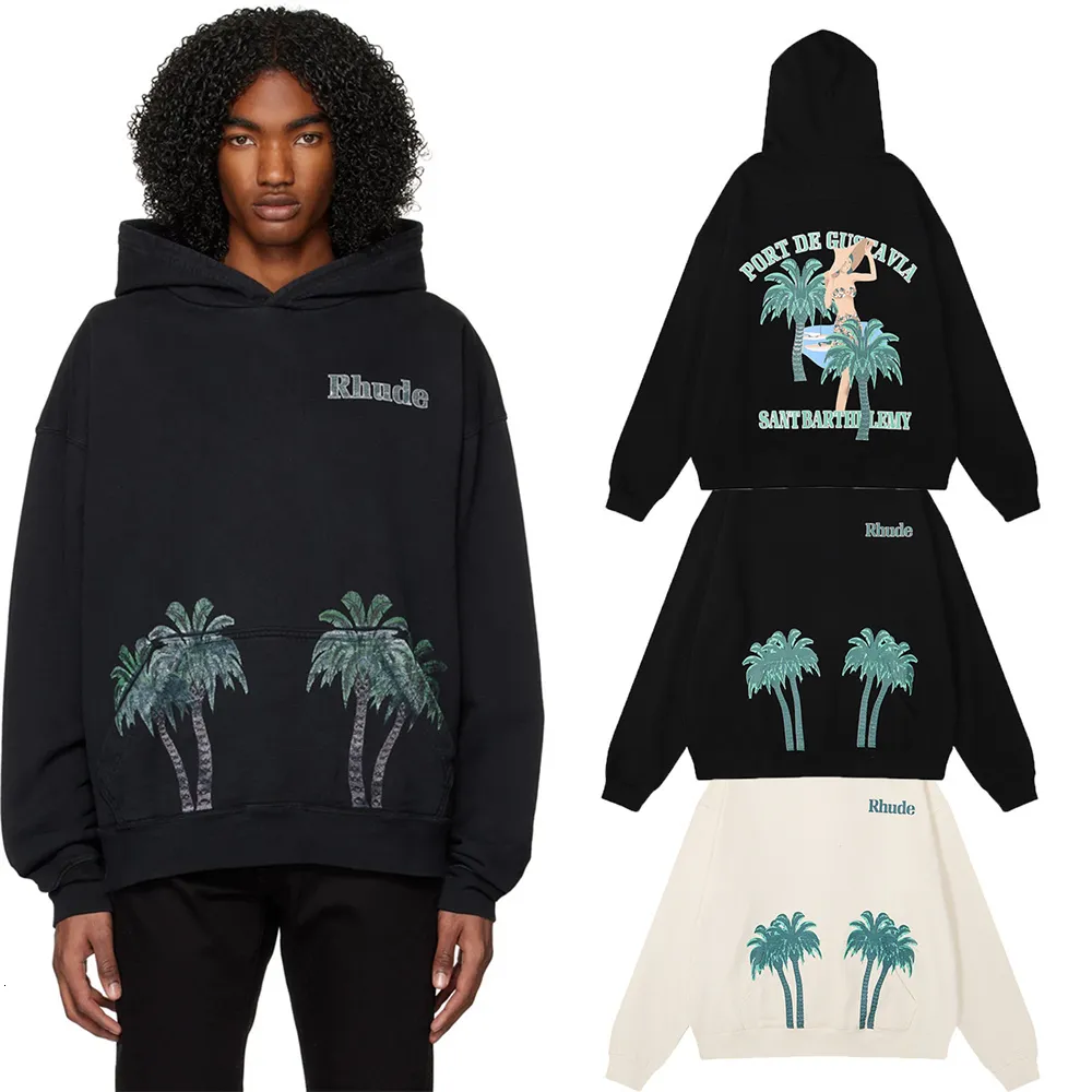 Mens Hoodies Sweatshirts RHUDE Streetwear Beach Coconut Tree Letter Print Hoodie  Men Couple Oversized Fashion Cotton Casual HipHop Hooded Pullover 230822  From Xuan04, $34.75