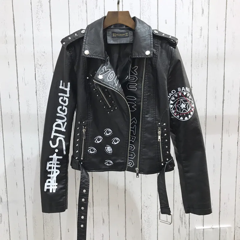 Femmes en cuir Faux FMFSSOM printemps femmes veste col rabattu lettre impression épaulette Rivet fermeture éclair dame lettre vintage Biker vêtements d'extérieur 230822