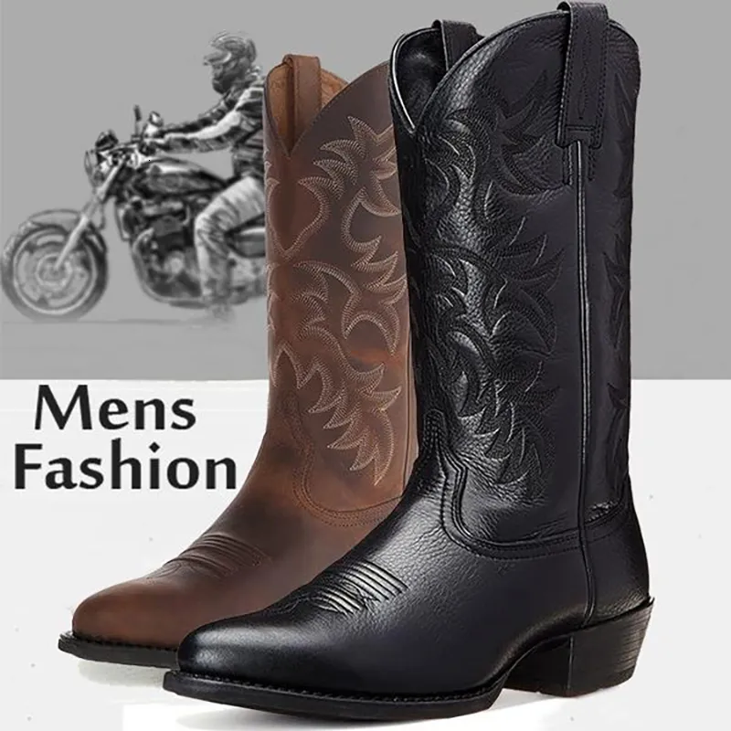 Bottes Western Motorcycle Knight Cowboy Hommes Haute Qualité Brodé Mi-mollet En Cuir Casual Designer Mâle Chaussure Confortable 230823