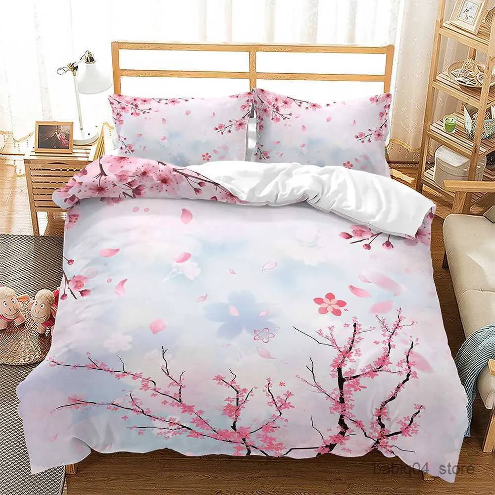 Sängkläder sätter rosa blommig täcke omslag Cherry Blossoms tema Sängkläder set Spring Romantic Quilt Cover för flicka sängäcke R230823