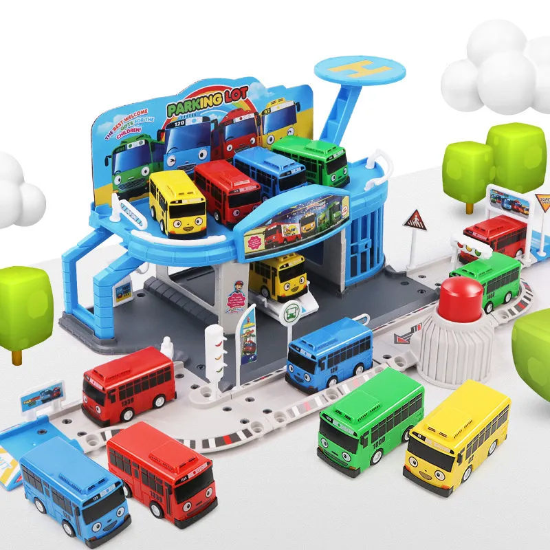 한국 애니메이션 장난감 블록 작은 버스 차고 퍼즐 조립 트랙 대중 교통 서비스 스테이션 패킹 로트 2 Tayo 버스 놀이 장난감 모델 230822