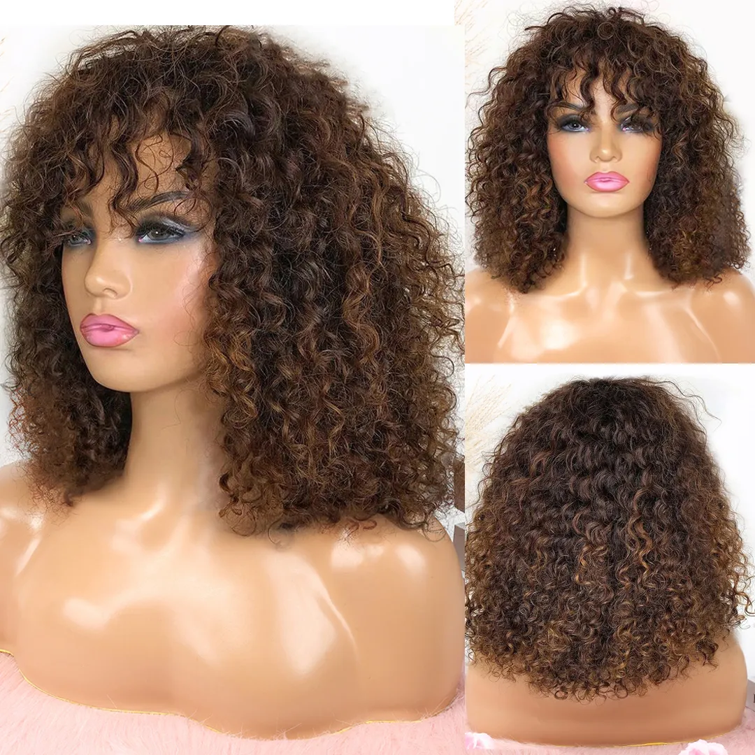 Highlight Brown Brazilian 220%density Curly Hair Wig with Bangs Deep Water Wave Glueless Human Hair Wigs for Black Women Lace Wig