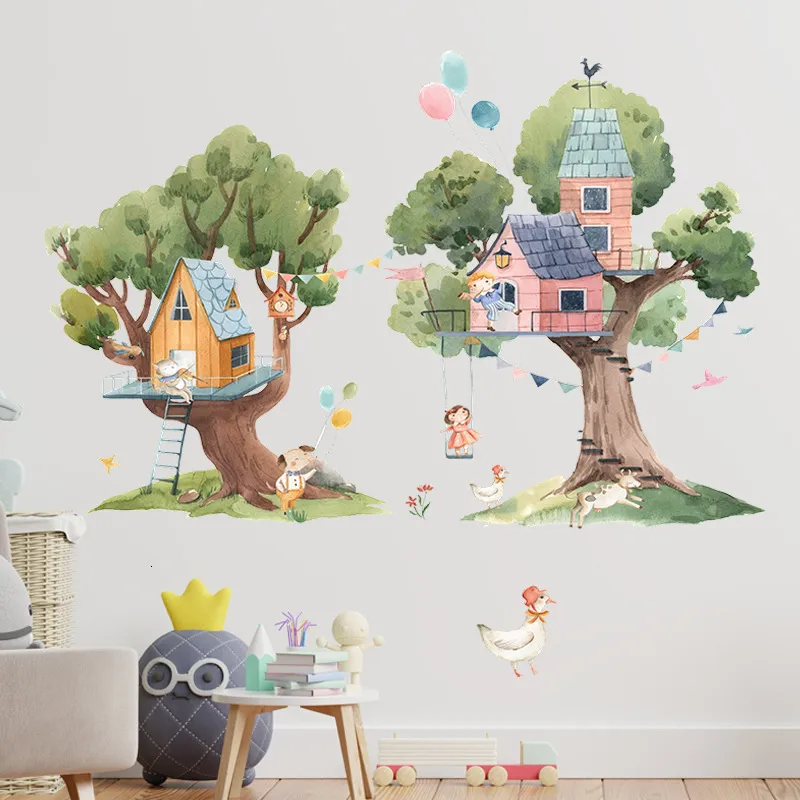 Stickers muraux peints animaux de bande dessinée enfants arbres maison papier peint salon chambre porche décoration de la maison auto-adhésif 230822