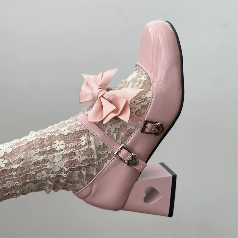 Zapatos de vestir Pink Mary Jane Lolita Zapato 2023 Otoño Y2K Charol Tacones bajos Bombas Mujer Seda Bowtie Tobillo Correas Fiesta 230823