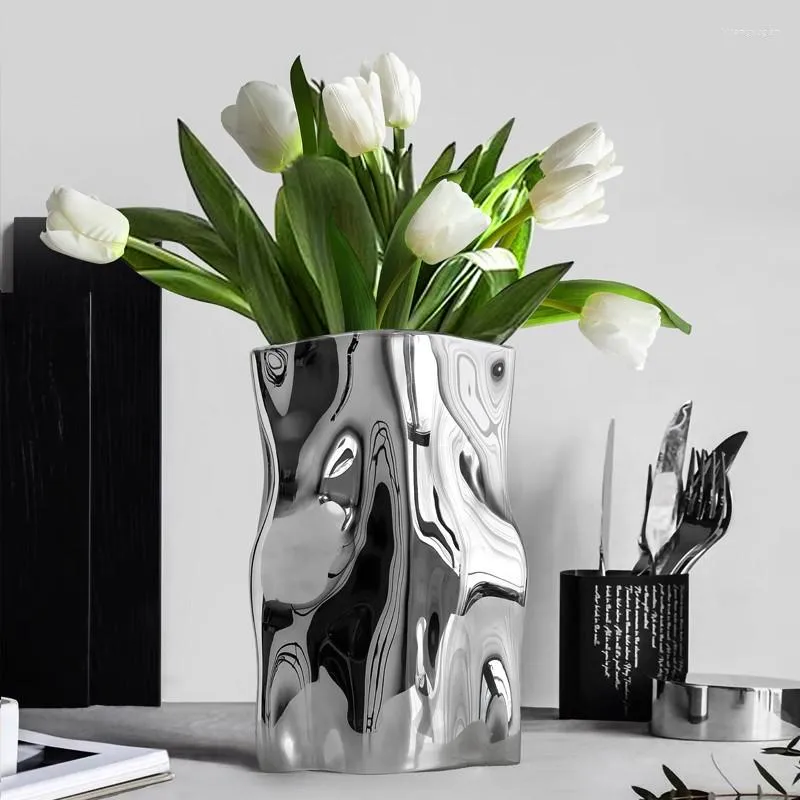 Vases Lumière Luxe Advanced Sensing Argent Plaqué Vase En Céramique Gonflant Salon Table Nouilles Décoration De La Maison Fleur Créative
