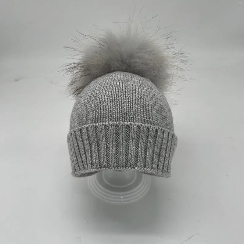 Bérets de haute qualité mignon pompon tricoté bébé bonnet chapeaux Pom épais chaud véritable laine enfants