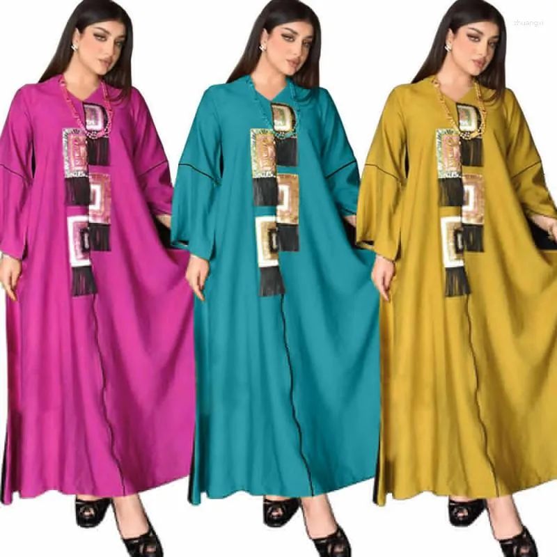 Etnische kleding mode pailletten patchwork wijd uitlopende mouw abaya dubai moslim dames losroeg feest banket maxi jurk voorste jurk kaftan