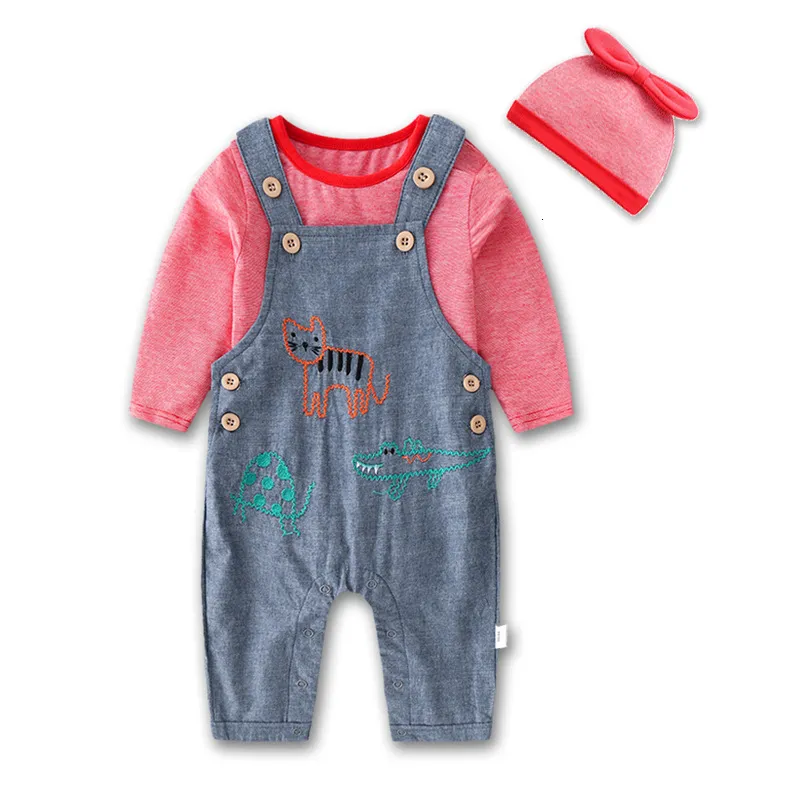 Rompers 2023 Autumn Winter Baby Girl 3pcs Kleding Set katoen met lange mouwen vaste denim Suspender broekpak peuter meisjes outfits 230823