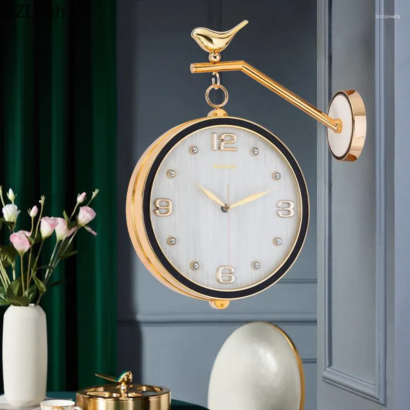 Wanduhren Europäische Goldene Vogeluhr Moderne Design Stille Sweep-Nadel-Korridor Hintergrund wall montiert hängende Uhr