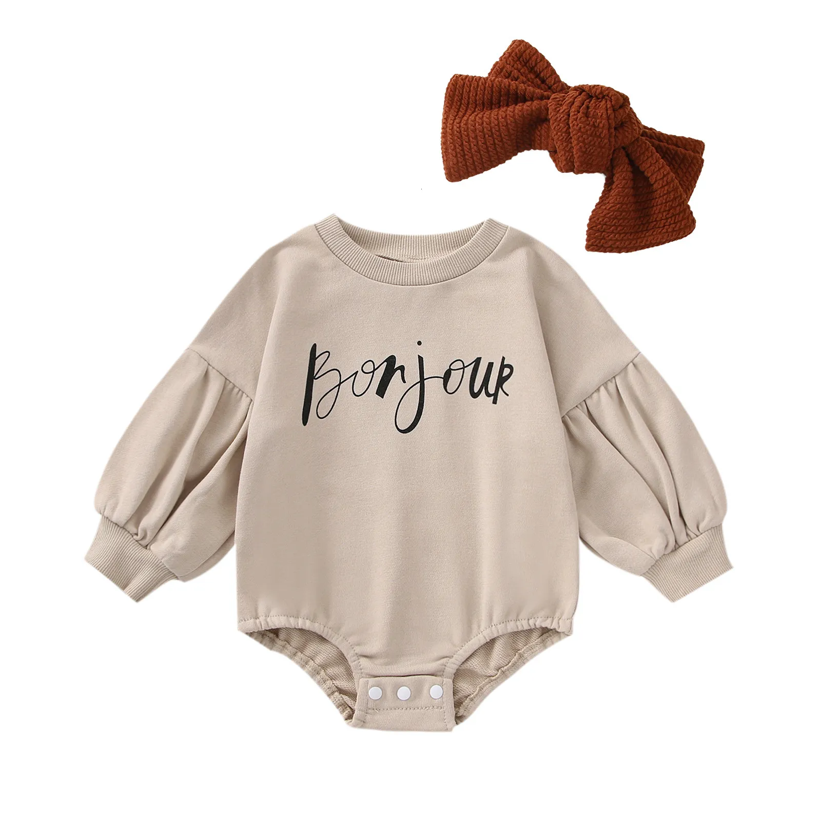 Rompers Autumn Spädbarn Född lös Romper Baby Girls Letter Printing Round Collar Long Puff Sleeve Triangle Bottom Jumpsuit Headwear 230822