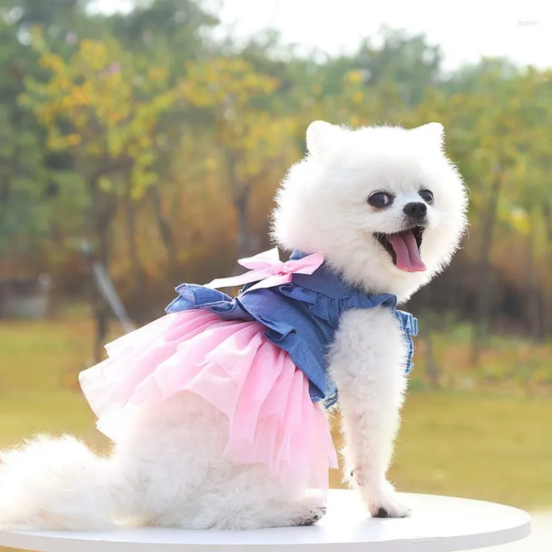 Hundkläder husdjur denim klänning med söt bow-knot comfy väst kjol spets trim tutu sommar vårkläder leveranser för katter och små hundar