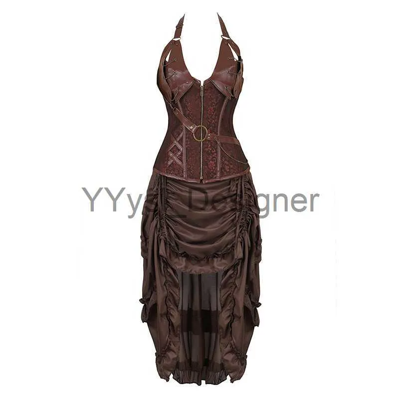 Brown Faux Leather Steampunk Long Corset Dress For Women Plus Size