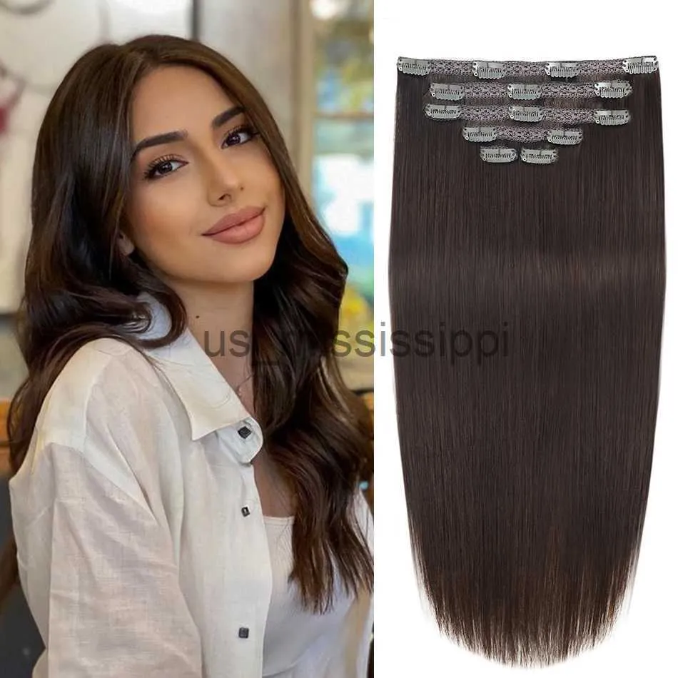 Parrucche sintetiche clip nei capelli umani dritti dritti naturale marrone chiaro ombre balayage pezzi di capelli europei per donne con clip x0823