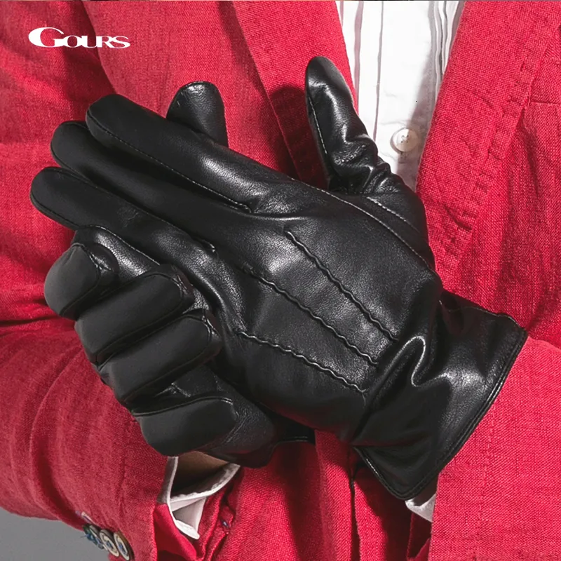 Five Fingers Gloves Gours Winter Genuine Leather Gloves Men Black Real Goatskin Finger Gloves Fashion Brand Driving Mittens Warm Arrival GSM030 230822