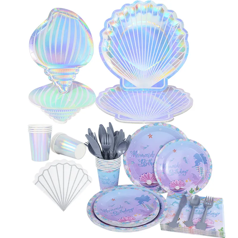 Autres événements Fournitures de fête Sirène Vaisselle jetable Coloré Shell Assiette Tasse Sous la mer Baby Shower Little Birthday Decora 230822