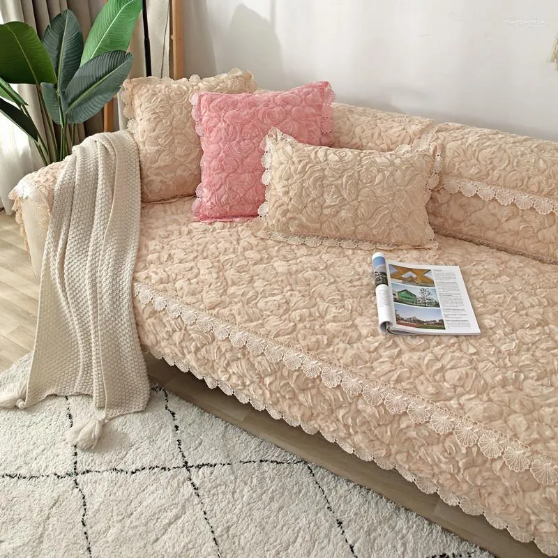 Modern Rose Plush Sofa Cover 5 Seater Solid Thickened Corner L