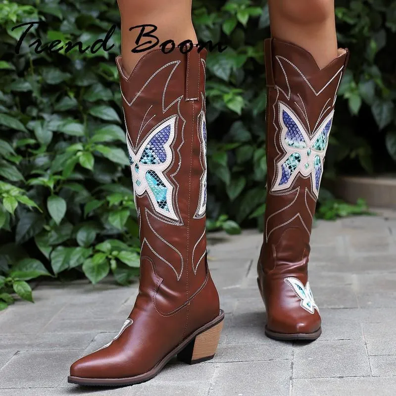 Women's Butterfly Western Cowboy Boots Chunky Heel Knee High, Autumn  Winter Fashion, British Style Cowgirl Botas Mujer