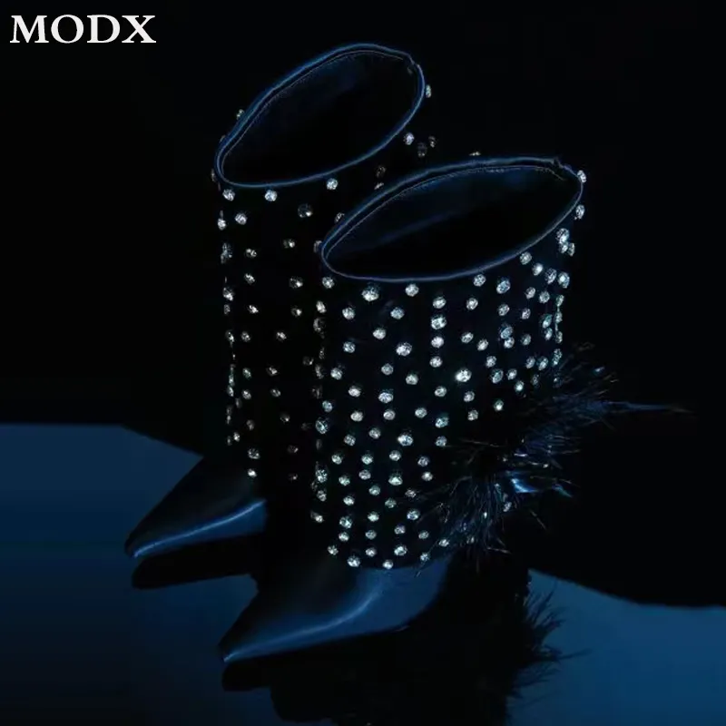 Boots Winter Women Shoes Fashion Turner Edge Glitter Crystals Design Short Pointed Toe Stiletto Flower Boot 230823