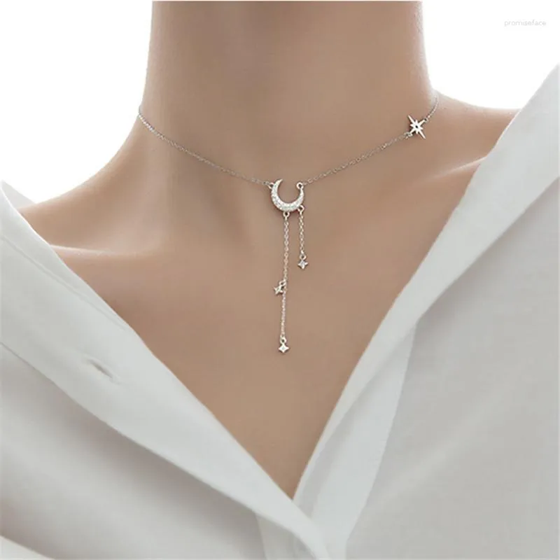 Correntes a moda Tassel Clavicle Chain Zircon Star Moon Charm Colar Pentend Cheker Colar para Mulheres Jóias de Casamento Bijoux Dz428