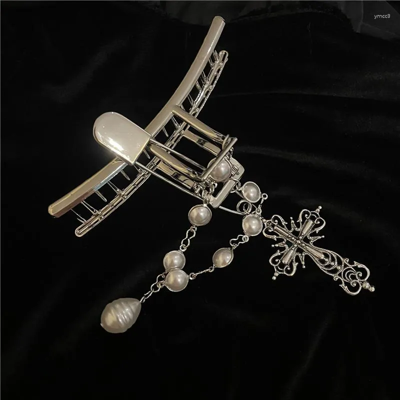 Hair Clips Harajuku Temperament Metal Hollow Out Cross Trendy Accessories Korean Fashion Pearl Chains Combs Party