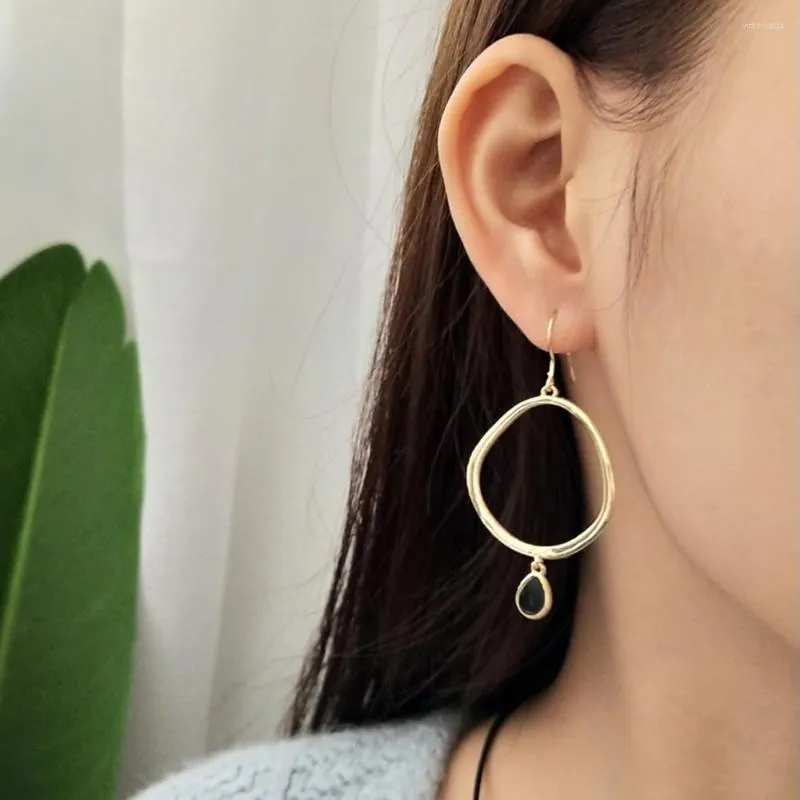 Dangle Earrings 925 Sterling Silver Mobius Circle Gold Drop Teardrop Black Stone Jewelry Gift Wholesale For Women