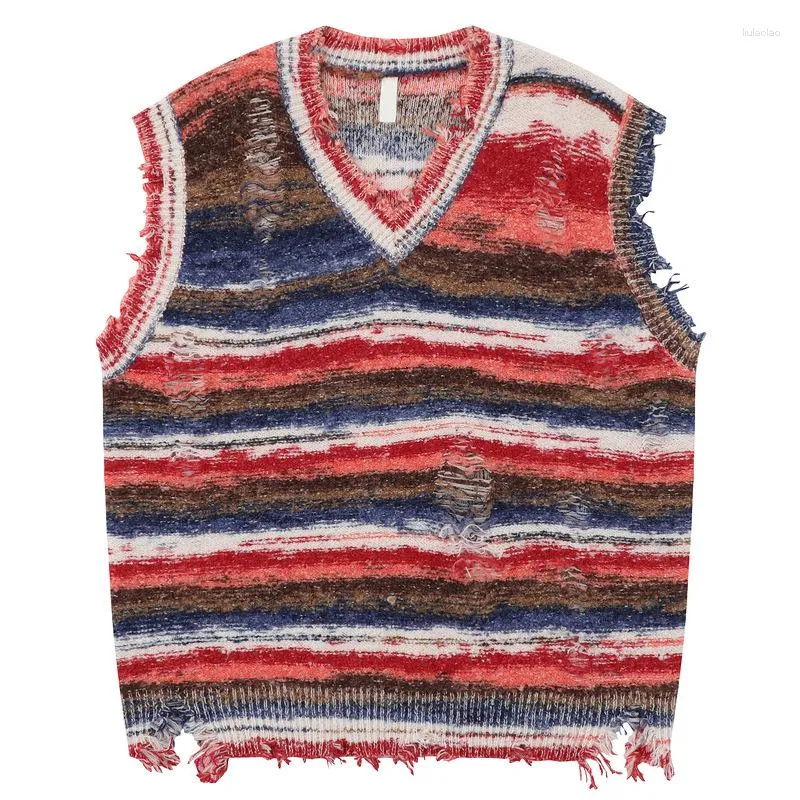 Men's Vintage Ripped Knitted Striped V-Neck Waistcoat Sleeveless Sweater Jumper Oversized Hip Hop Tops Streetwear Casual 2024 Men's Vintage Ripped Knitted Striped V-Neck Waistcoat Sleeveless Sweater Jumper Oversized Hip Hop Tops Streetwear Casual 2024