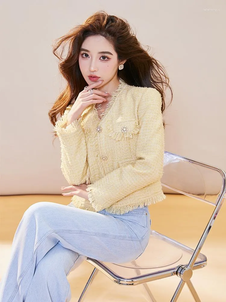 Chic Yellow Tweed Jacket Womens Small Fragrant Coat, Short