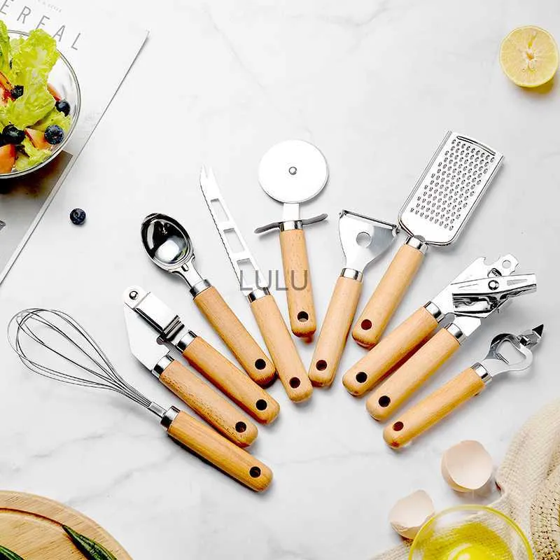 Herramientas de mango de madera 9 tipos de funciones Utensilios Gadgets de cocina Set Cortador Separador Abridor Accesorios de cocina Herramientas de cocina HKD230810