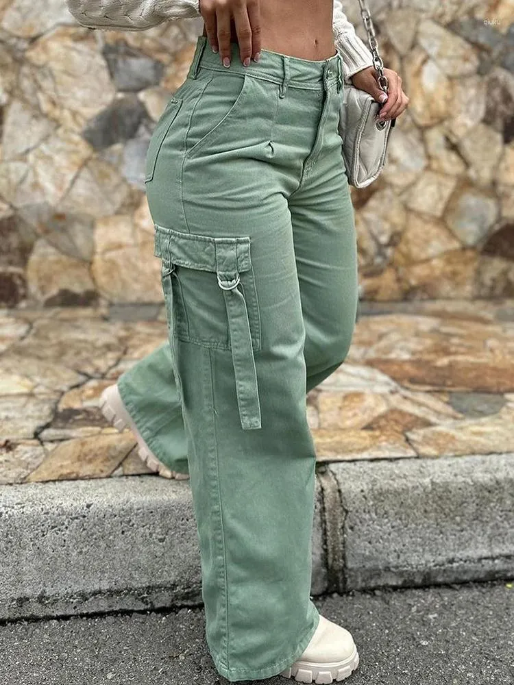 Womens Pants Casual Cargo Pocket Design High Waist Button Solid