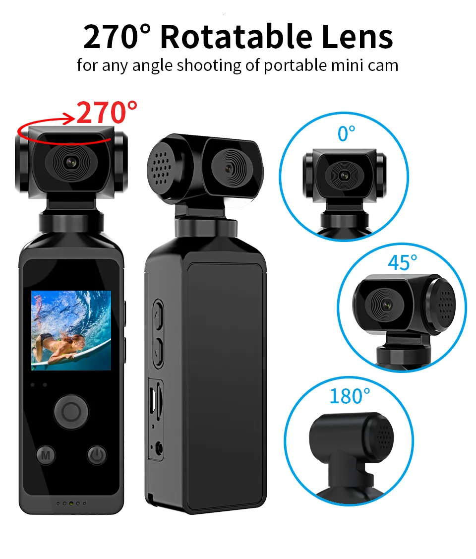 Câmeras à prova de intempéries 4k HD Pocket Action Camera 270 Mini esportes Wi -Fi rotatáveis ​​com estojo à prova d'água para o Capacete Travel Bicycle Driver Recorder 230823