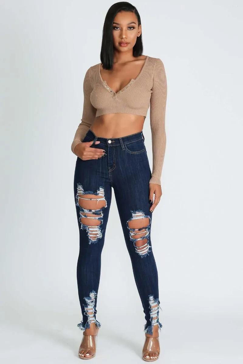 Kvinnors jeans rippade blyertsbyxor sexiga kvinnor hög midja elegant streetwear denim casual byxor