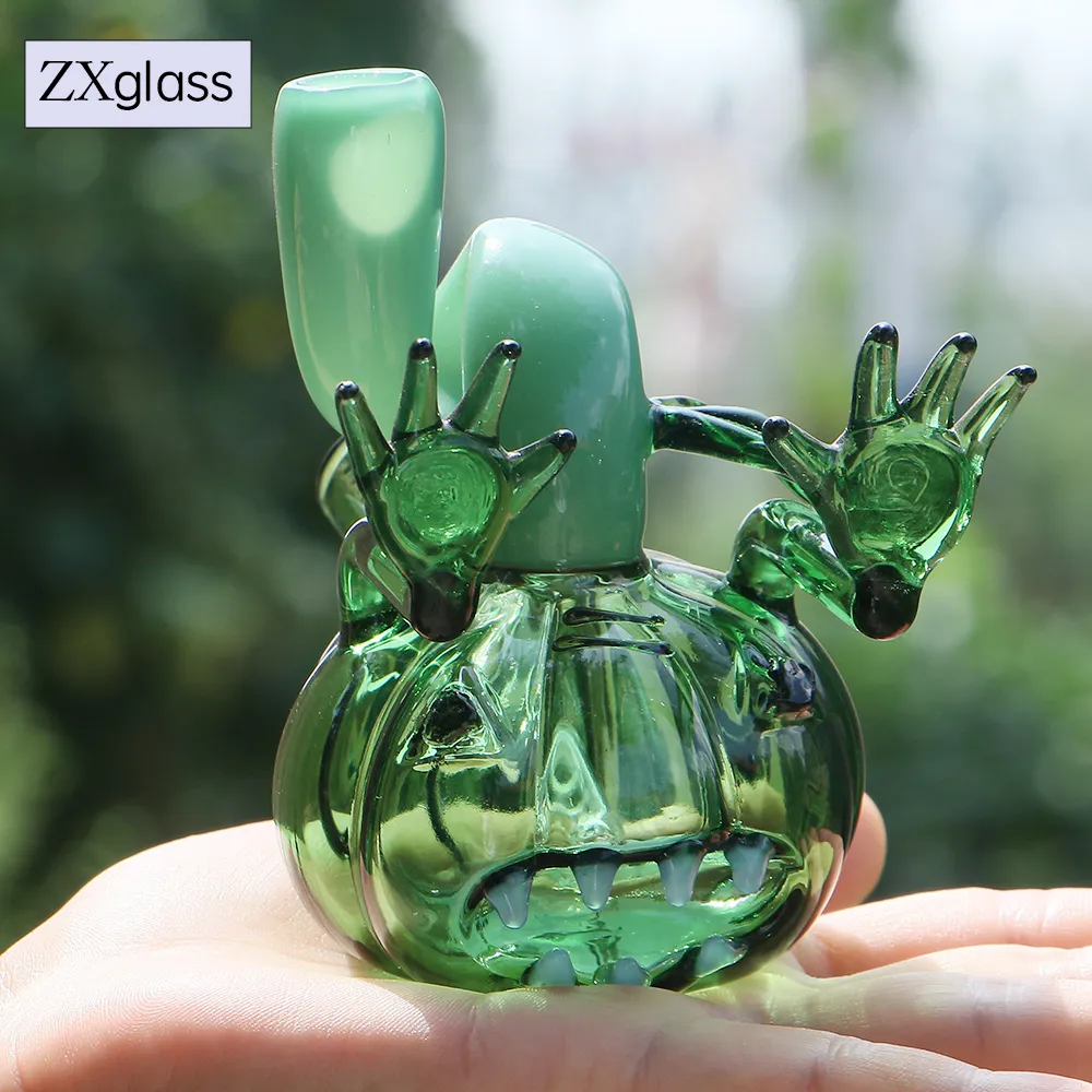 Hallowmas Mini Hookah Pumpkin Monster Dab Rigs Green Glass Bong For Dry Herb Smoking Novelty Style Water Pipe Bubbler Percolator 14mm Blow