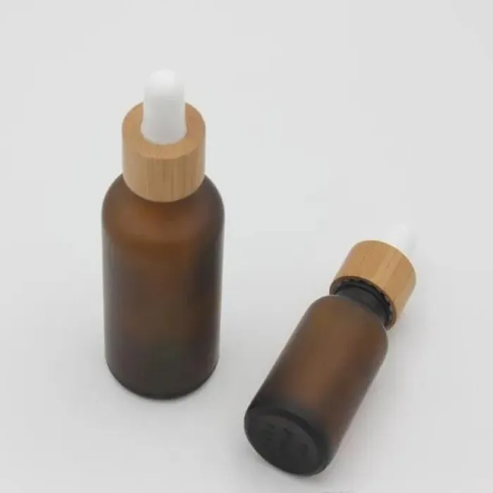 Frosted Amber White Glass Dropper Bottle 15ml 30ml 50ml with Bamboo Cap 1oz Wooden Essential Oil Bottles