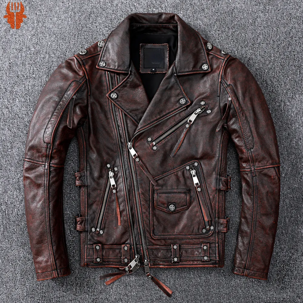 Herenjassen Vintage Bruine Motor Leren Jas Heren Natuurlijk Echt Koeienhuid Herfst Slim Fit Biker's Ooblique Rits Jas 230824