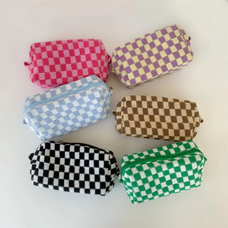 Makeup Bag Checkered Cosmetic Bags Blue Makeup Pouch Travel Toiletry Handbags Organizer