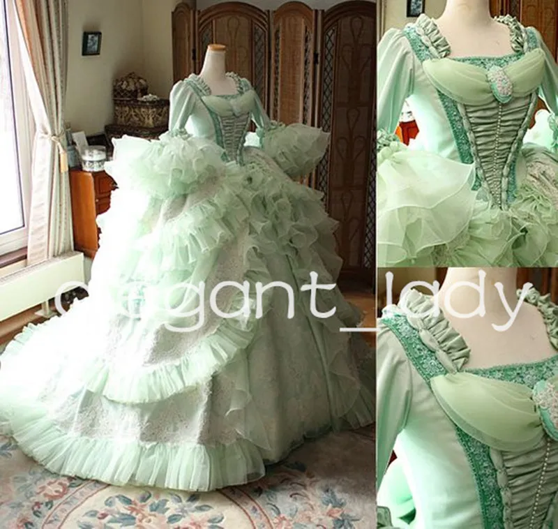 Mint Green Marie Antoinette Victorian Peri Balo Elbiseleri Ruffles Uzun Kollu Belle Rococo Bustle Corset Prenses Akşam Elbisesi