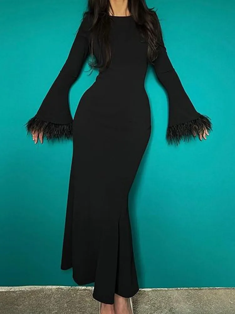 Basic casual jurken Fashion Feather Sleeve Dres Sexy Long Bodycon Dress Autumn Elegant Slim Wrap Lady Black Oneck Evening Party 230823