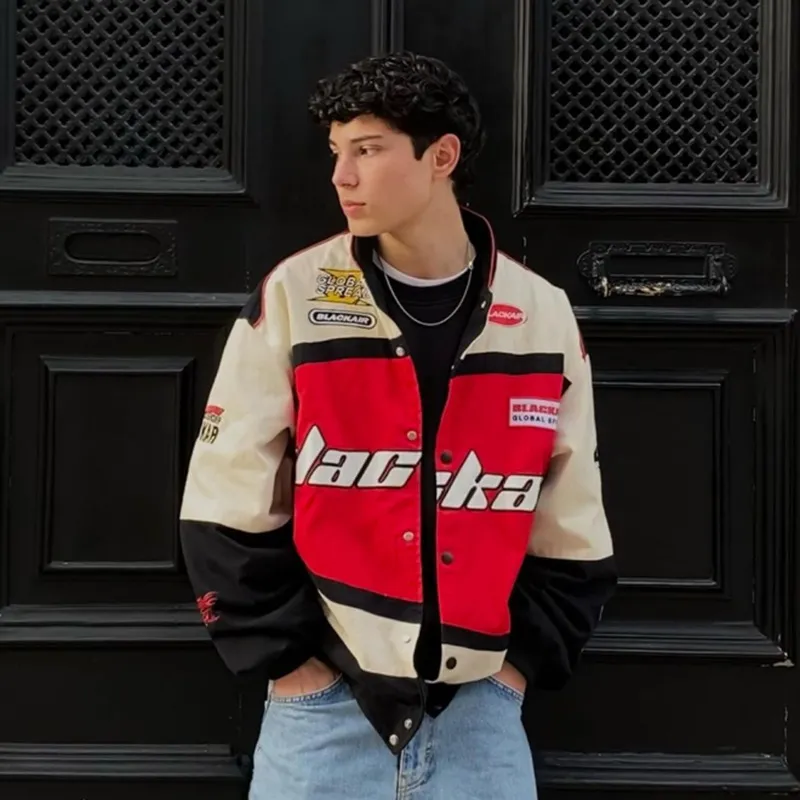 Mens Jackets Aelfric Eden BLACKAIR Motosports Jacket Vintage Embrodiery Color Block Patchwork Coats Streetwear Harajuku Casual Racing Jackets 230823 From 62 61 DHgate
